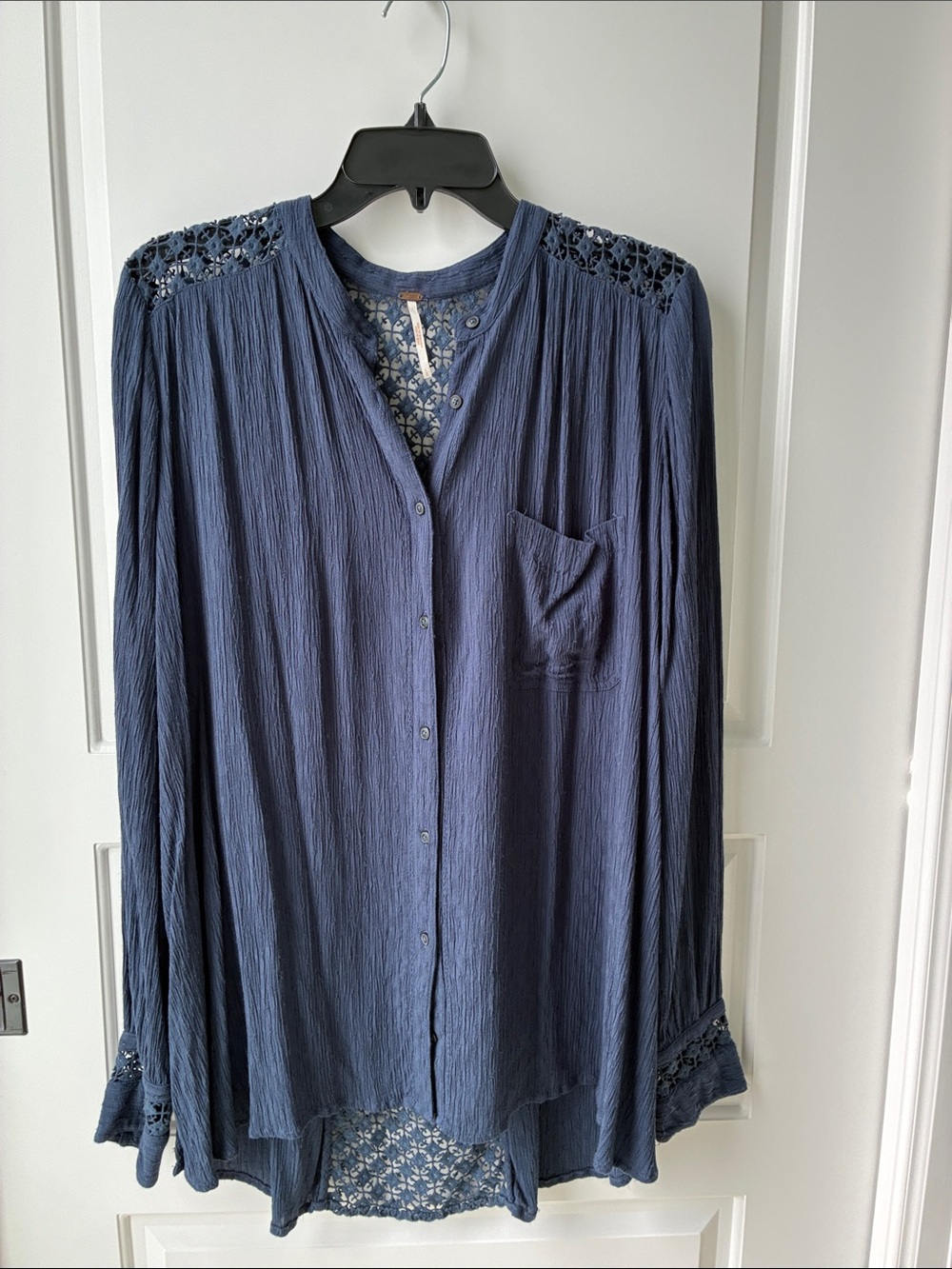 Free People Navy Blue Boho Tunic Top with Crochet